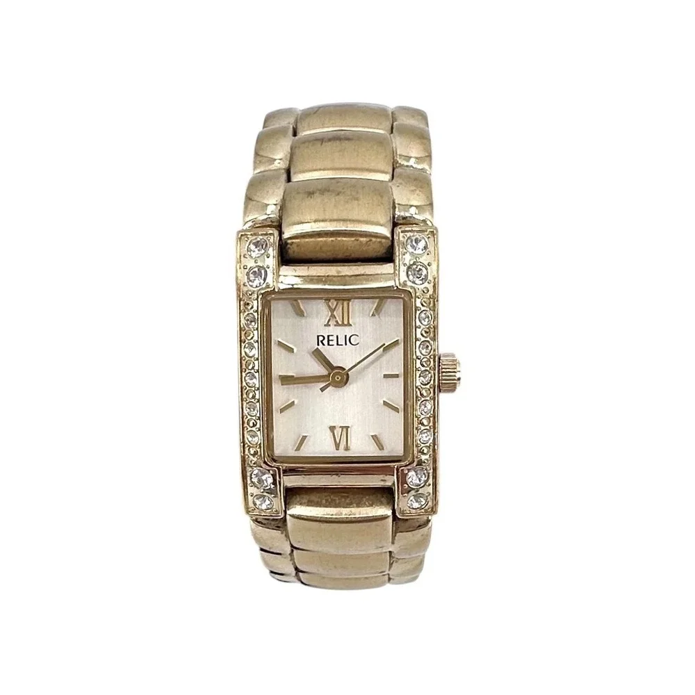 Relic by Fossil Womens Watch Gold Tone Crystal Rectangle Link Bracelet ZR33695